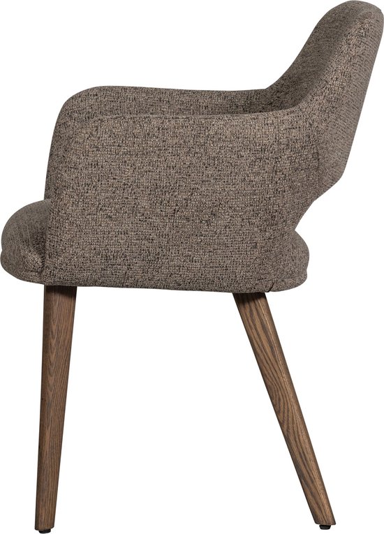 Zijaanzicht van taupe stoffen eetkamerstoel met houten poten.