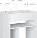 Afmetingen van een witte opbergkast: 8x11x7 cm, 8x23x12 cm en 8x12x20,5 cm.