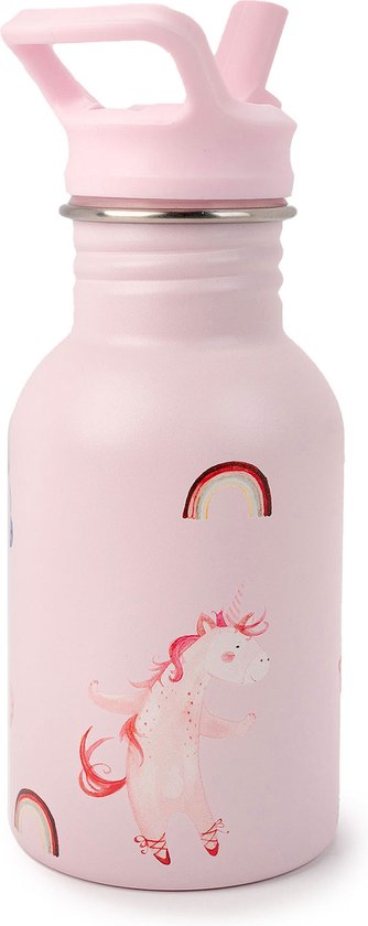 Bouteille d'eau légère en acier inoxydable J.Børn Enfants avec paille pour École 350 ml (Unicorn) - Bouteille à boire, bouteille Eco à paroi simple