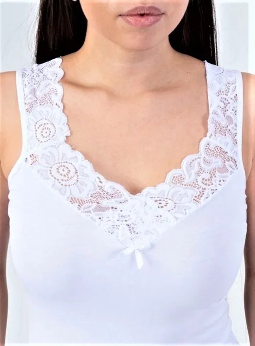Marco Rossi - Random kant - Dameshemd met brede band en kant - Onderhemd - Singlet - Katoen - Dames - Wit - Maat L/40