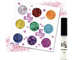 GetGlitterBaby® - 9 potjes Glitter Set Chunky Festival Glitters voor Lichaam en Gezicht Glitterset Face Body Pride Regenboog / Bio Biologische Biodegradable Glitter Lijm HuidLijm / Zilver / Rood / Oranje / Goud / Groen / Blauw / Paars / Roze