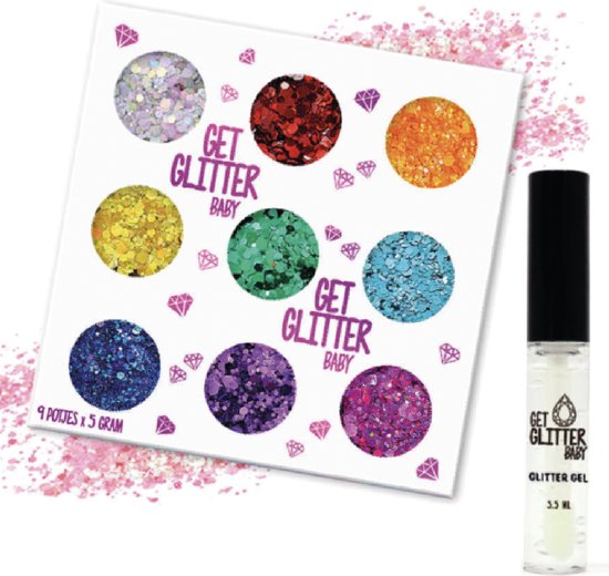 Doos met 9 potjes 'Get Glitter Baby' glitters in diverse kleuren en een flesje glitter gel.