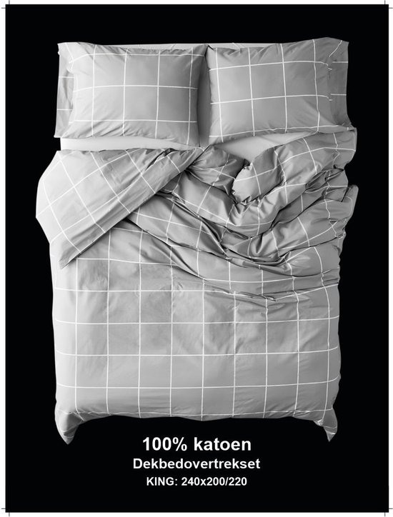 Saphira Dekbedovertrek - Lits Jumeaux - Check Patroon - Grijs - 240x200/220 cm + 2 kussenslopen 60x70 - 100% Katoen - Zacht en Duurzaam