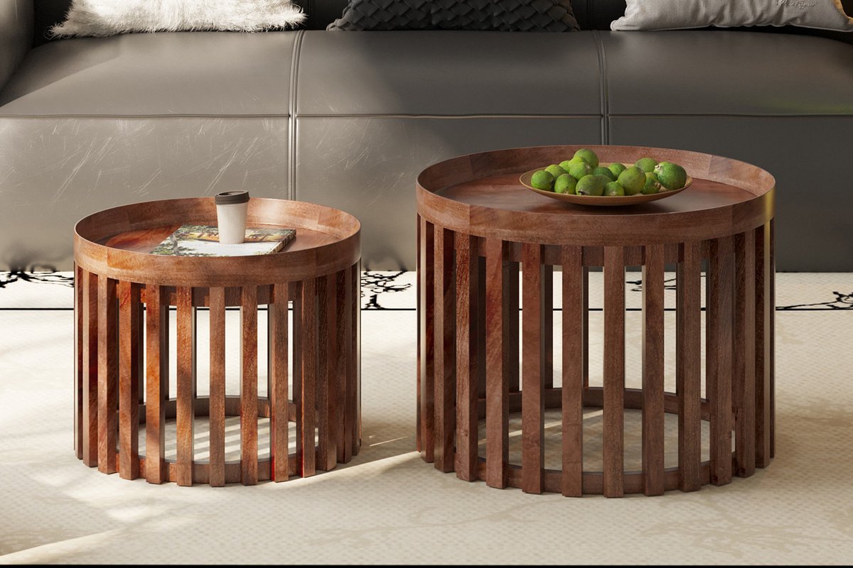 salontafel nolan- 2 delig set- rond mango hout bruin