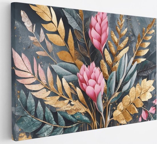 Saammp Canvas Schilderij - Grote roze bloemen en gouden bladeren - Modern - 100x75 - Foto op canvas - Wanddecoratie - Muurdecoratie Woonkamer - Kantoor Decoratie