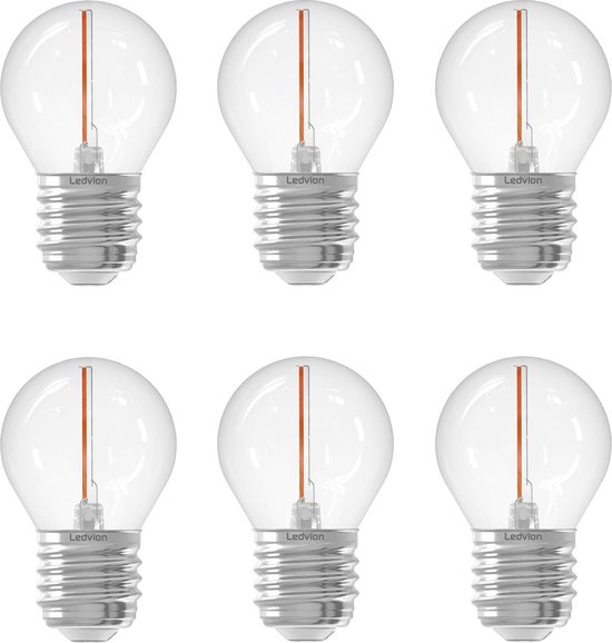 Zes E27 LED lampen met heldere bol en één verticale oranje filament.