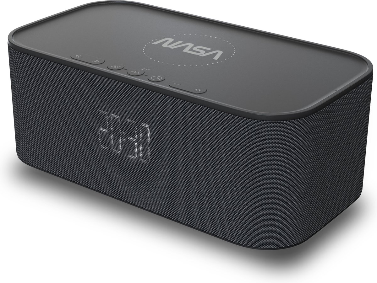NASA wekker SPC800 - radio wekker, krachtige Bluetooth-luidspreker, 10W RMS, 5W draadloos opladen, dubbel alarm, stereo-effect, LED-licht, lithiumbatterij, ingebouwde klok - zwart