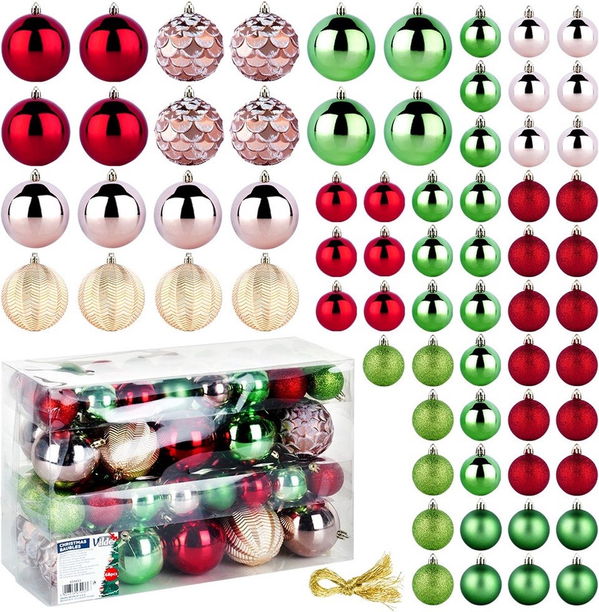 Kerstballen Set Onbreekbaar Rood Roségoud Groen 8 / 5 cm 68 stuks - Kerstdecoratie