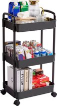 Posity Keukentrolley op wieltjes – Serveerwagen / Opbergtrolley / Keukenrek / Trolley Keuken – Verrijdbaar en Vast – 3 Lagen – Kunststof – Zwart