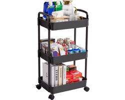 Posity Keukentrolley op wieltjes – Serveerwagen / Opbergtrolley / Keukenrek / Trolley Keuken – Verrijdbaar en Vast – 3 Lagen – Kunststof – Zwart
