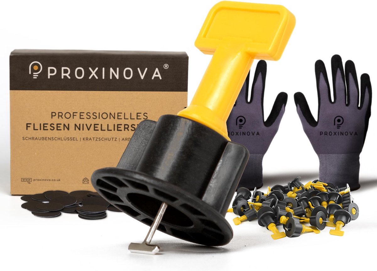 Proxinova Tegelnivelleersysteem kit, 100-delige set: Tegelafstandhouders, Krasbeschermingssysteem, 2 Moersleutels, Werkhandschoenen, 100 T-pinnen, Levelsysteem, tegel nivelleersysteem