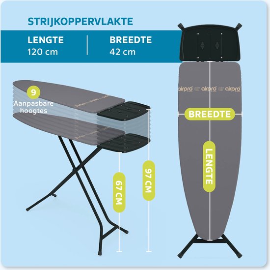 AIRPRO By Widex Strijkplank - 120x42 L Zwart / Antraciet - 50% Sneller strijken - Extra duurzaam - Inclusief gratis Airpro Strijkplankhoes - Strijkplanken - Strijken - Met strijkijzerhouder en 7 jaar garantie