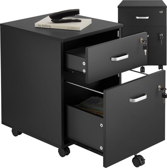 tectake® Ladenkastje - Met 2 afsluitbare lades, vergrendelbare wielen - Rolkast - Organizer - Perfect voor een georganiseerde werkplek - Kantoor, studeerkamer , thuiswerkplek - Zwart