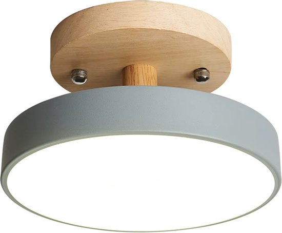 LuxiLamps - Moderne Houten Plafondlamp - LED Plafondlamp - Grijs/Hout - Verlichting - Slaapkamerlamp - Kinderkamer - Gangpad Lamp - 18 cm - 12W