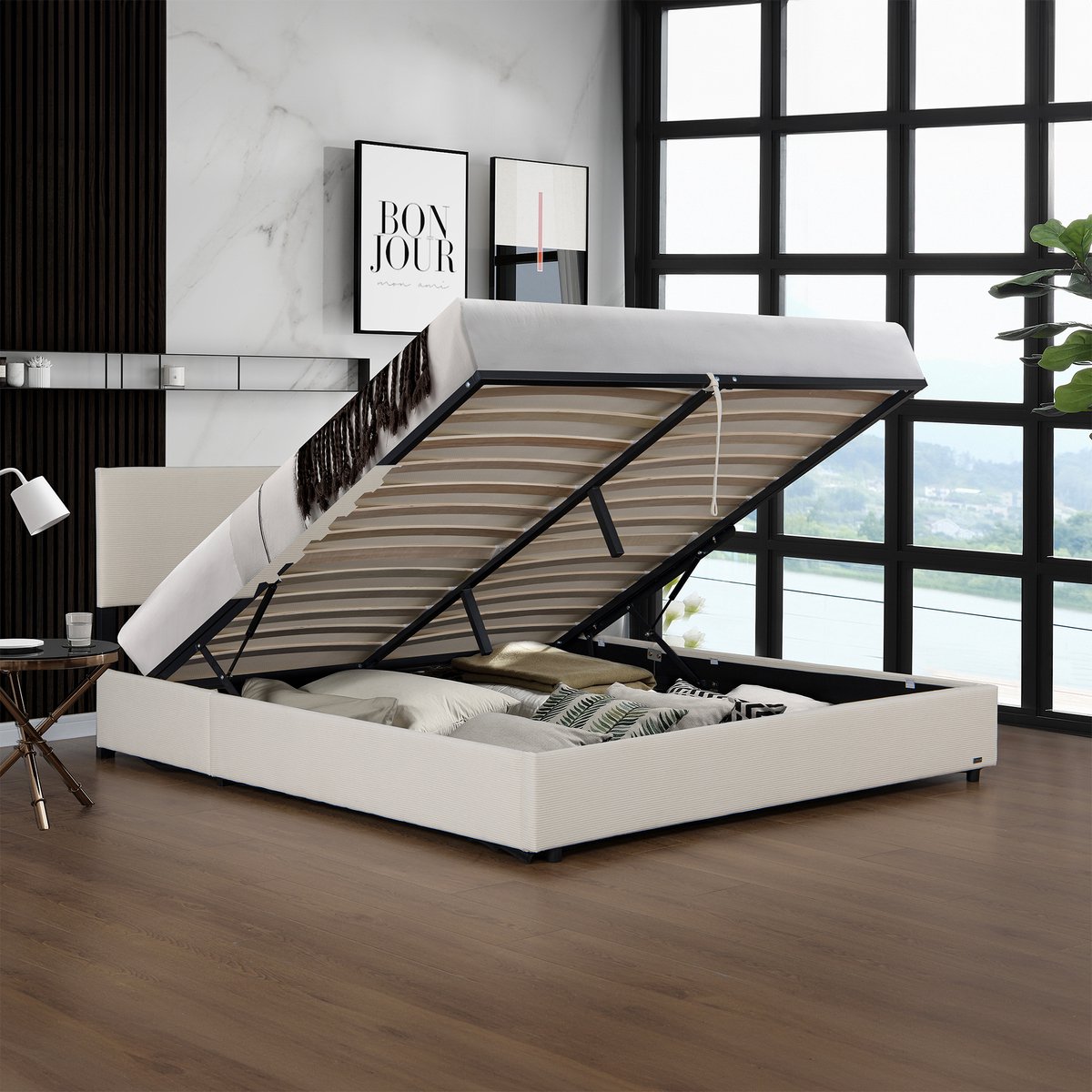 Tweepersoonsbed Juva met lattenbodem en opbergruimte 160x200 cm beige Corium