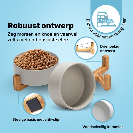 Grijze keramische dubbele voerbak op bamboe standaard, met uitleg over de stevige basis en voedselveilige keramiek.