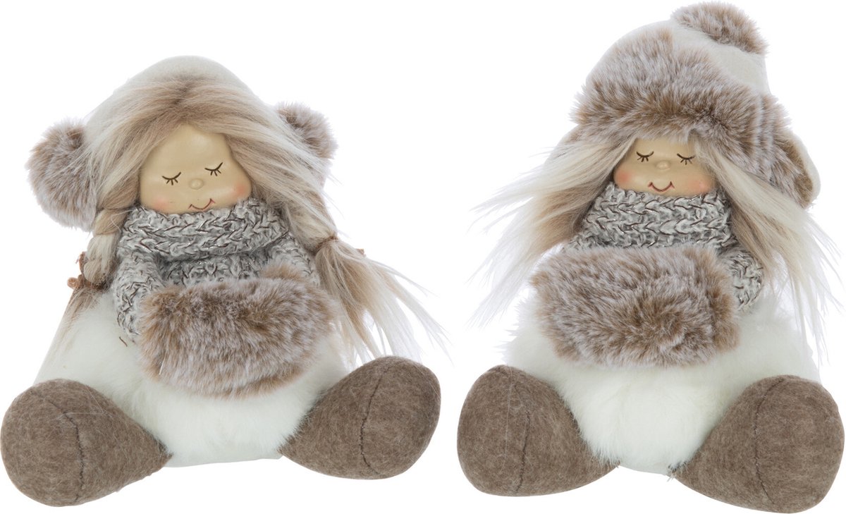 J-Line figuur Meisjes Zittend Hoed Vacht - polyester - wit/bruin - 2 stuks