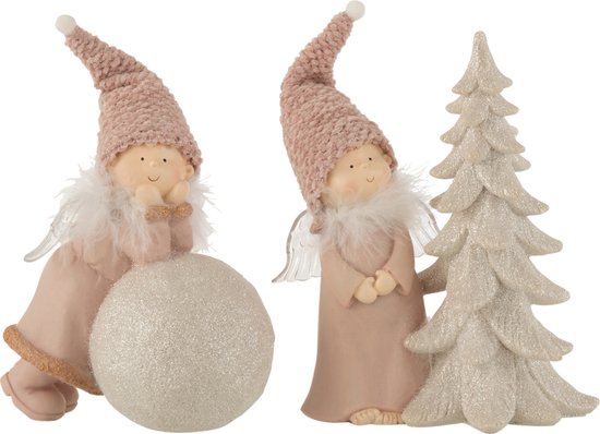 J-Line figurine de Noël Ange Boule + Arbre - polyrésine - rose - large - 2 pcs