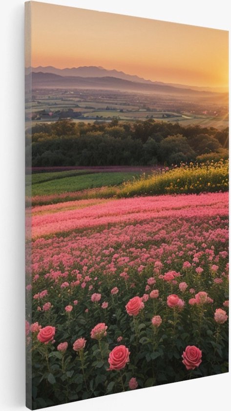 Saammp Canvas Schilderij - Landschap - Roze Bloemenveld met zonsondergang - Natuur - 40x50 - Foto op canvas - Wanddecoratie - Muurdecoratie Woonkamer - Slaapkamer decoratie - Canvas Print