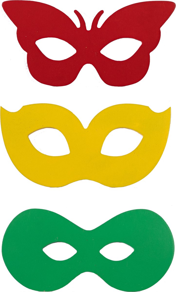 Setje Houten maskertjes Carnavalsdecoratie rood-geel-groen