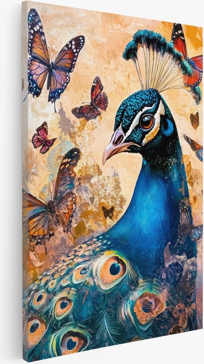 Saammp Canvas Schilderij - Pauw met grote Vlinders - Abstract - Dieren - Natuur - 40x50 - Foto op canvas - Wanddecoratie - Muurdecoratie Woonkamer - Slaapkamer decoratie - Canvas Print Multicolor