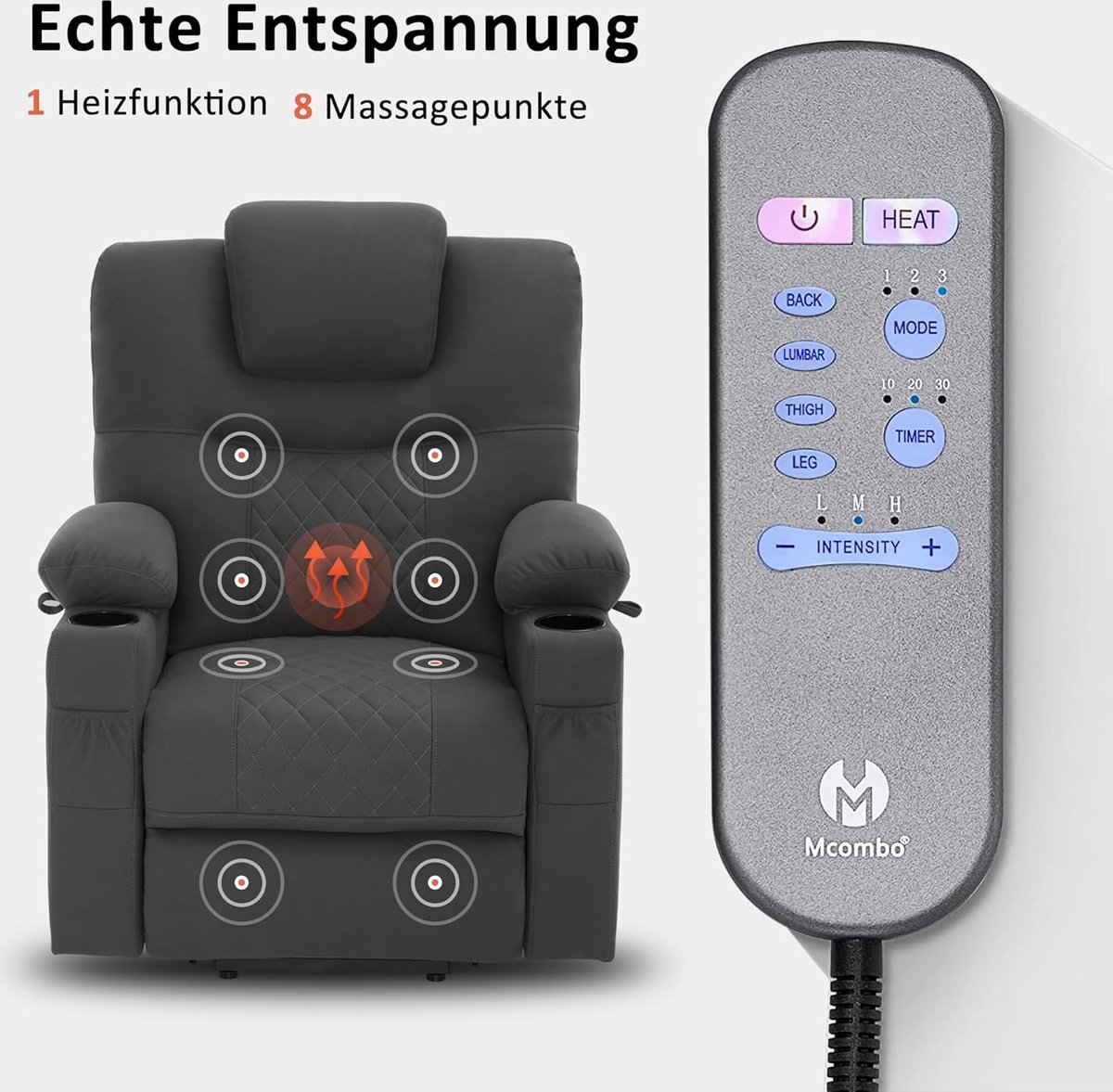Afbeelding 3 van MCombo Elektrische Relaxstoel met Massage Donkergrijs