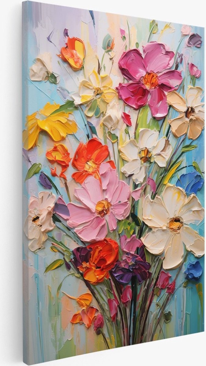 Saammp Canvas Schilderij - Kleurrijke bloemen - Abstract - 60x90 - Foto op canvas - Wanddecoratie - Muurdecoratie Woonkamer - Kantoor Decoratie Multicolor