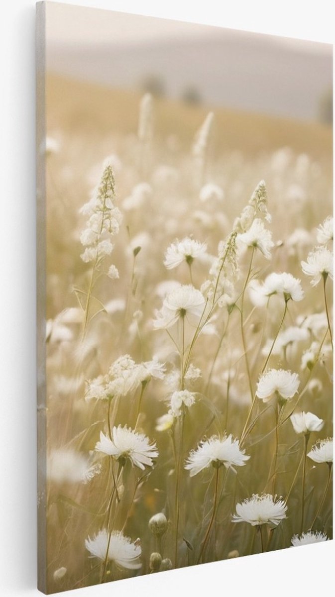 Saammp Canvas Schilderij - Landschap - Wit - Bloemen van dichtbij - Natuur - 40x60 - Foto op canvas - Wanddecoratie - Muurdecoratie Woonkamer - Slaapkamer decoratie - Canvas Print Multicolor