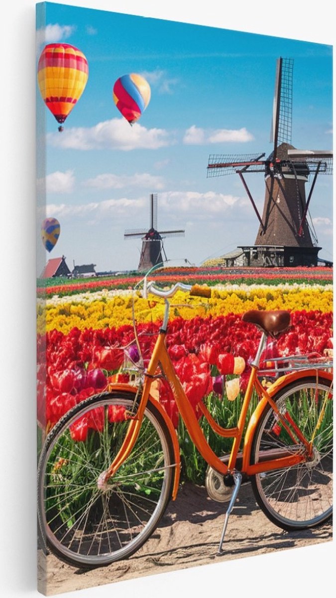 Saammp Canvas Schilderij - Fiets - Molens met Tulpenvelden - Natuur - 40x60 - Foto op canvas - Wanddecoratie - Muurdecoratie Woonkamer - Slaapkamer decoratie - Canvas Print Multicolor