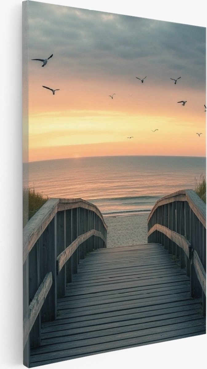 Saammp Canvas Schilderij - Brug tussen de duinen - strand en zee - 75x100 - Foto op canvas - Wanddecoratie - muurdecoratie Woonkamer - Slaapkamer decoratie - Canvas Print Multicolor