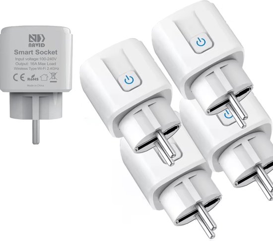4 stuks - Navid Slimme Stekker - WiFi - Smart Plug - Google Home & Amazon Alexa - Tijdschakelaar & Energiemeter via Smartphone App - Smart Home -Energie Besparen – Draadloos Stopcontact – 16A – Geschikt voor iOS & Android - Smart Home