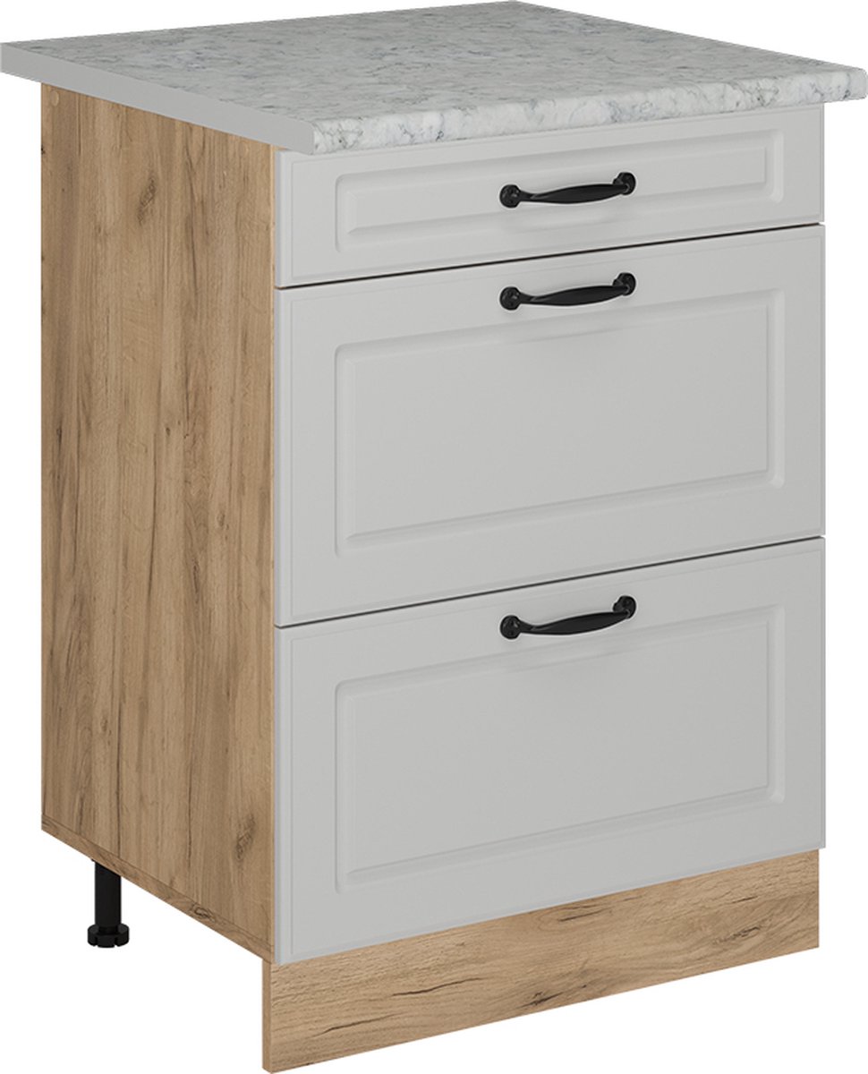 Vicco R-Line Keukenonderkast – 60 cm met laden, AP marmer Wit Landhuis Wit landelijk/Goudkleurig Eiken
