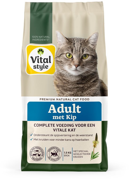 VITALstyle Adult Met Kip - Kattenbrokken - Gevarieerde Voeding Voor Een Levenslustige Kat - Met o.a. Peterselie & Smalle Weegbree - 1,5 kg