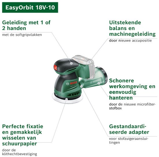 Illustratie van Bosch EasyOrbit 18V-10 excenterschuurmachine met tekstuele uitleg.