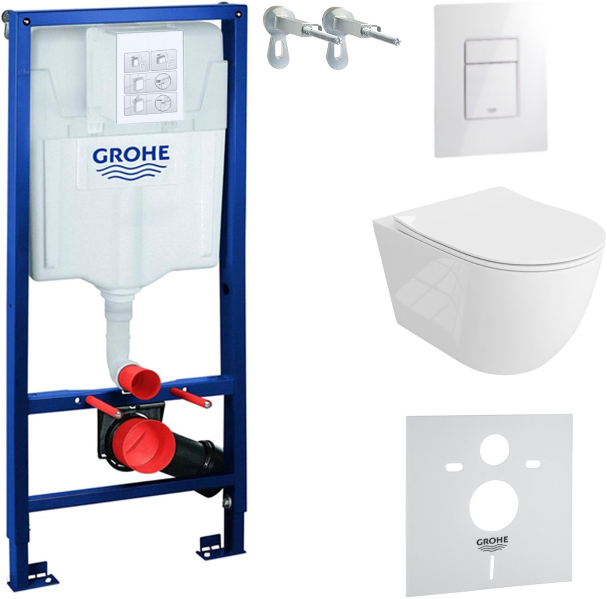 Inbouwreservoir Complete Toiletset Grohe Solido 39069000 - Inbouw WC Hangtoilet Wandcloset Sinto Grande Wit Hoogglans - Bedieningsplaat EVEN 3in1 Wit Hoogglans - Voorwandelement - Installatiesysteem