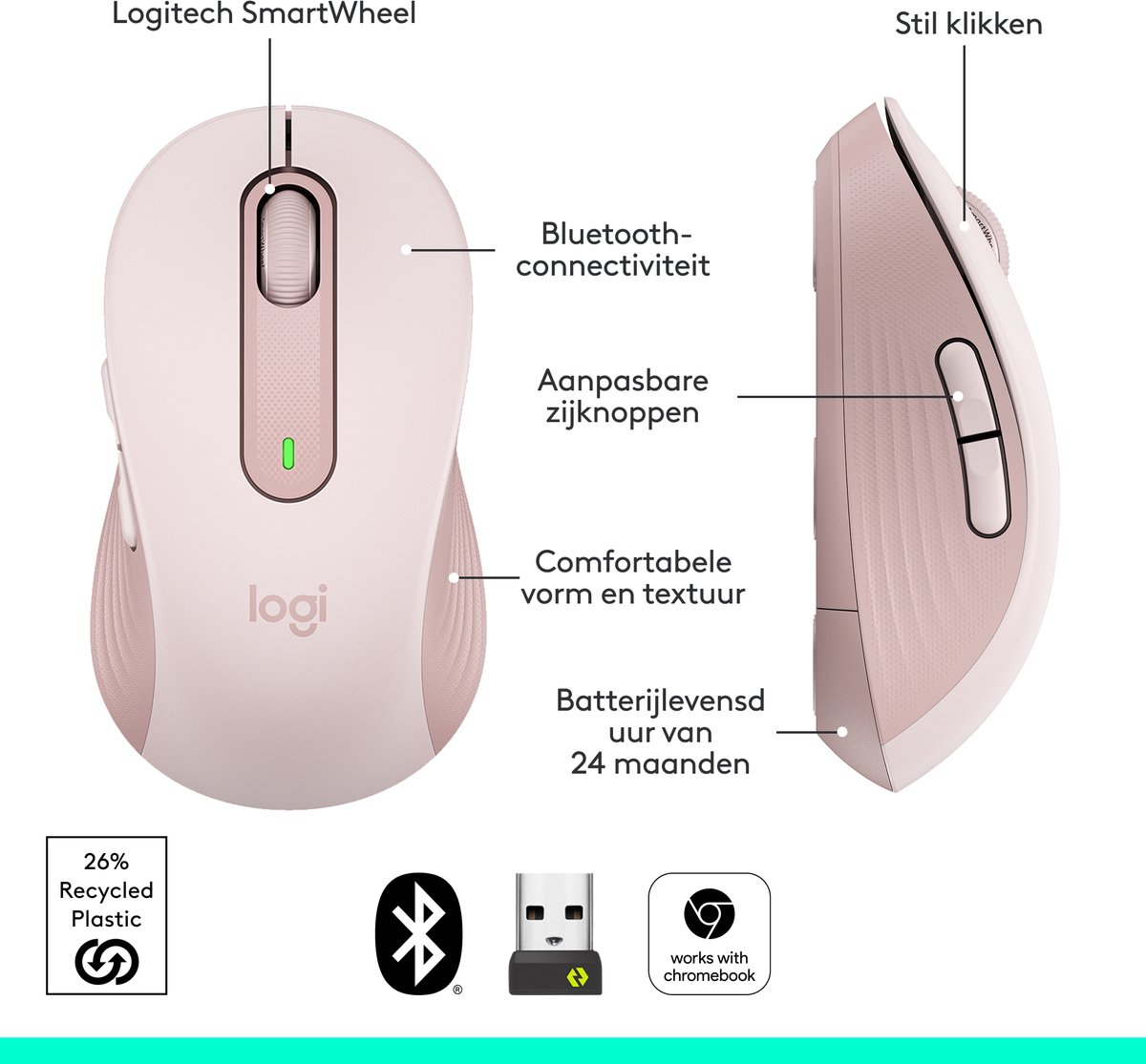 Logitech Signature M650 - Draadloze Muis - Roze thumbnail 3