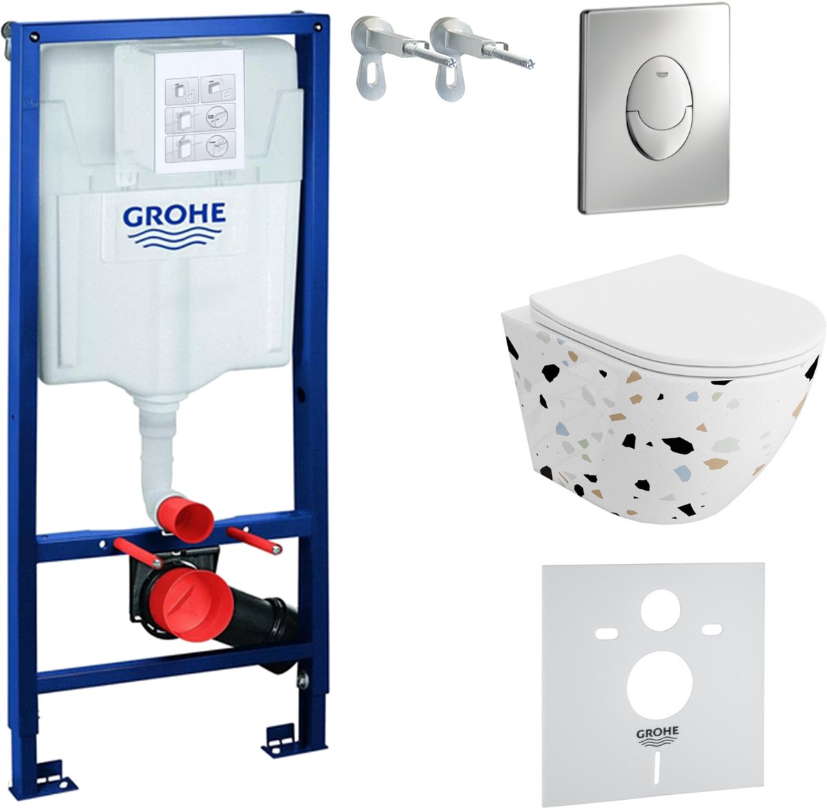 Inbouwreservoir Complete Toiletset Grohe Solido 39069000 - Inbouw WC Hangtoilet Wandcloset Sofi Slim Stone - Bedieningsplaat Skate Air Chroom - Voorwandelement - Installatiesysteem