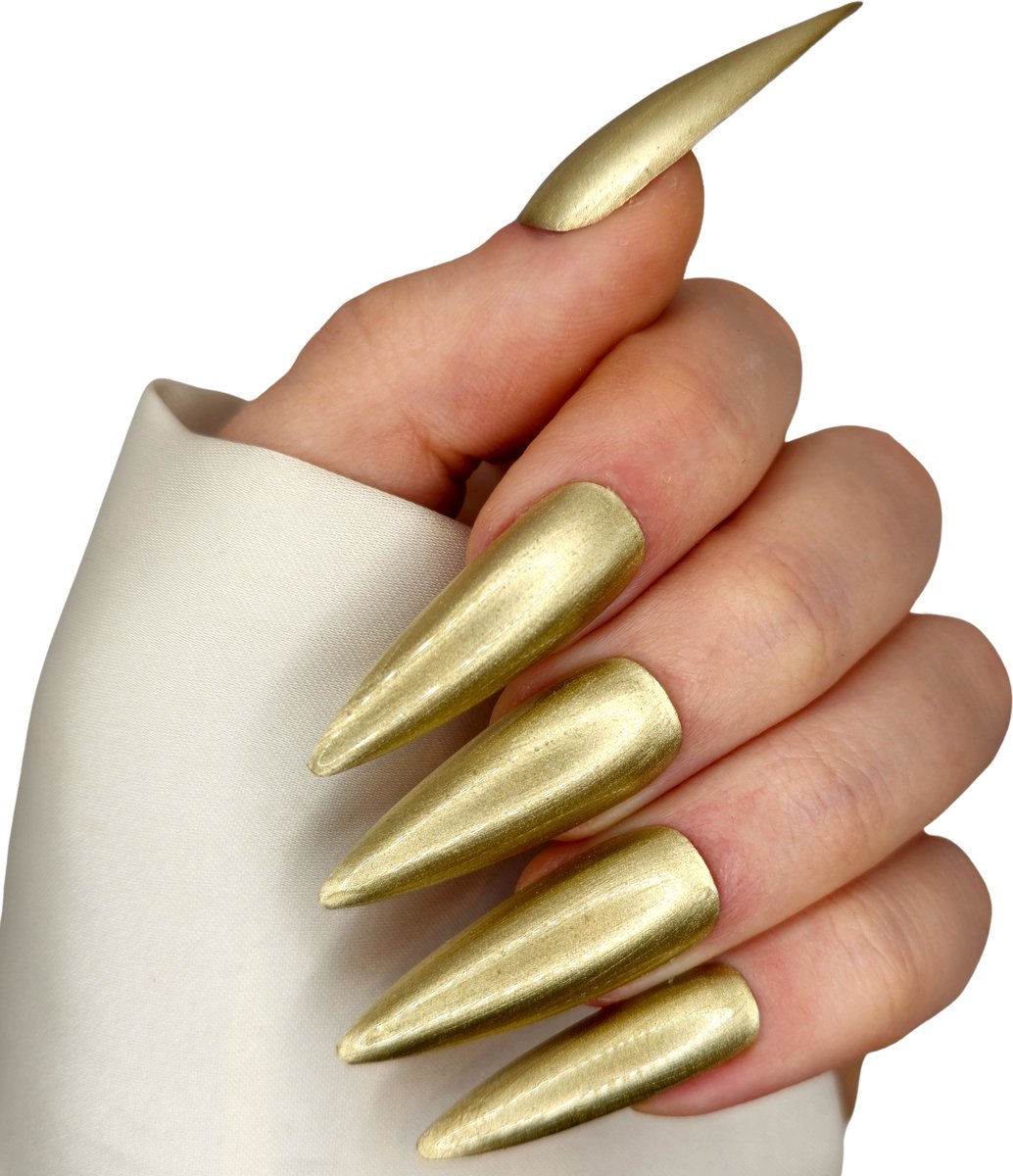 SD Press on Nails - B97 - Plaknagels met nagellijm - XL Stiletto - Metallic Goud - Set 20 Nagels - Cosplay - Nepnagels - Valse Nagels - Extreem lange nageltips - Nail Art - Handgemaakt - Nagellak - Gellak
