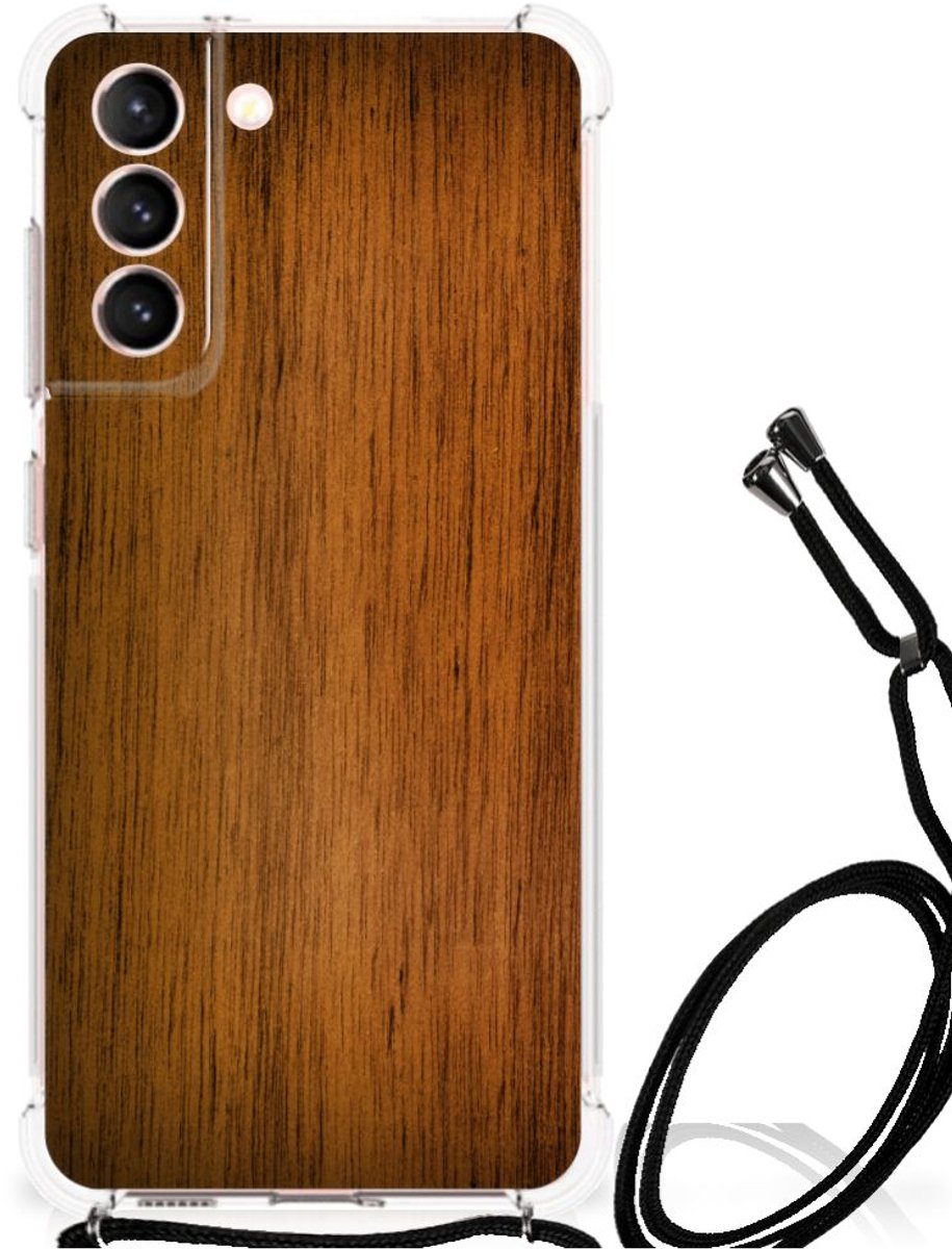 Samsung Galaxy S21 FE Stevig Telefoonhoesje Donker Hout