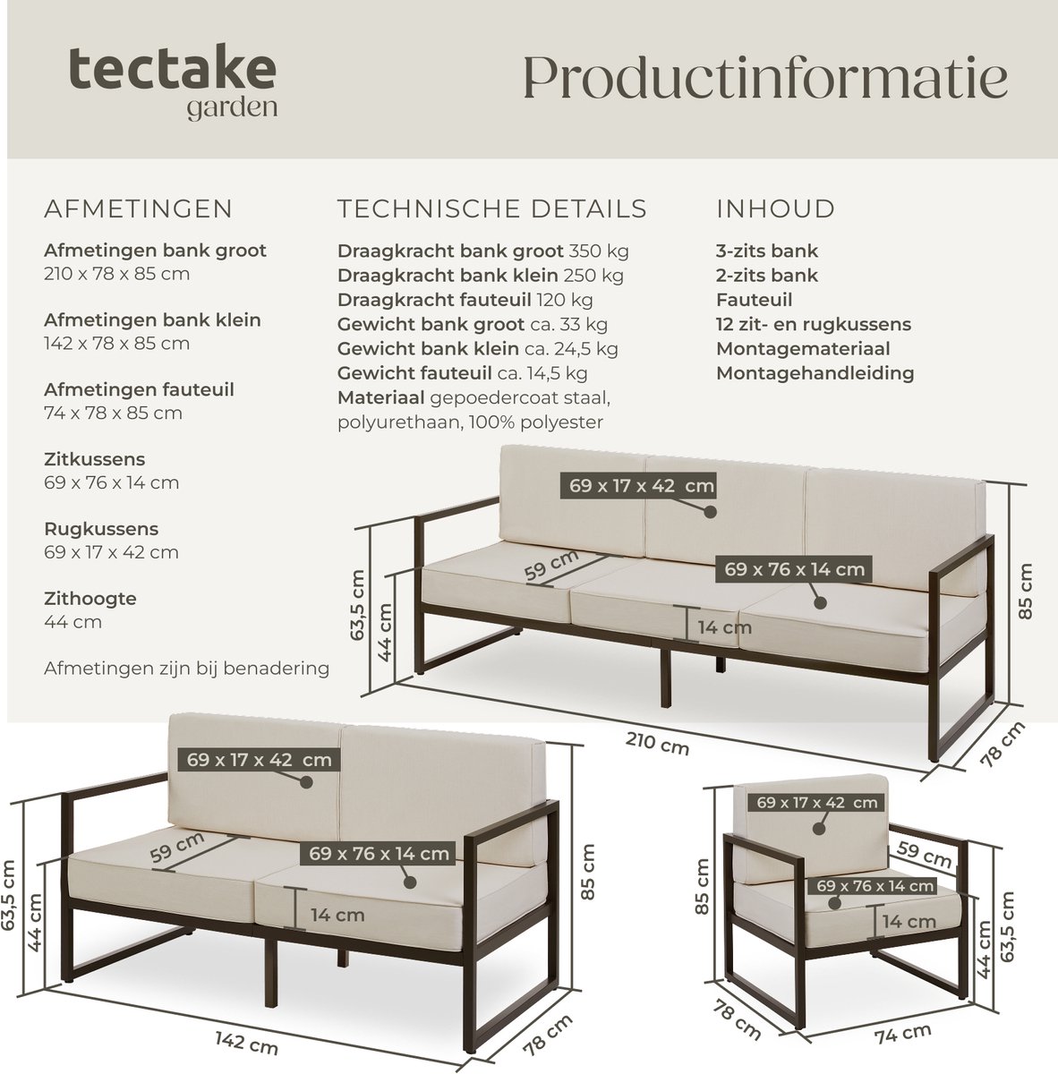 tectake® - Tuin-loungeset Comosa - Voor 6 personen - Tuinset - Grote bank, kleine bank en fauteuil - Waterafstotende en ultradikke zit-en rugkussens - Draagkracht 120kg per zitplaats - Bruin/beige – foto 8