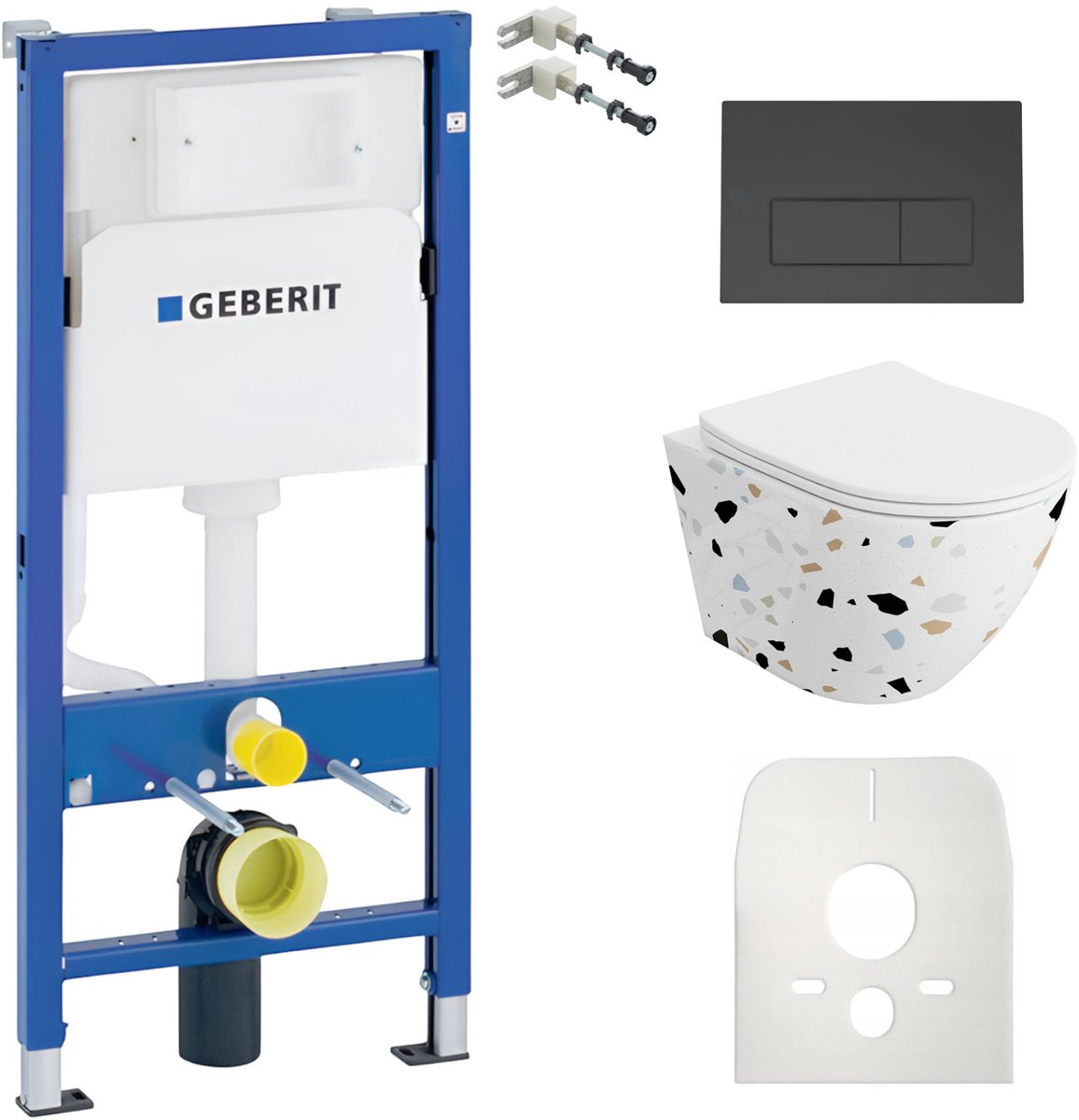 Inbouwreservoir Complete Toiletset Geberit Duofix Basic - Inbouw WC Hangtoilet Wandcloset SOFI SLIM STONE Wit Mat - Bedieningsplaat DELTA Zwart - Voorwandelement - Installatiesysteem
