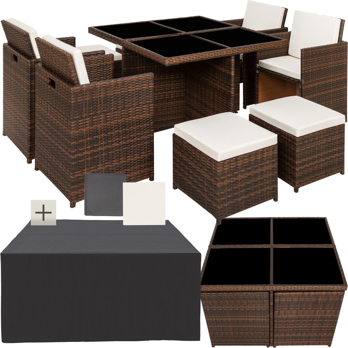 tectake® Loungemeubelset - Wicker tuinset - 4 stoelen, 4 krukken en 1 tafel - Tuinmeubelen voor balkon, tuin en terras - Inclusief beschermhoes en kussens - Met 2 kleuren hoezensets - Gemakkelijk te onderhouden - Glazen tafelblad - Bruin
