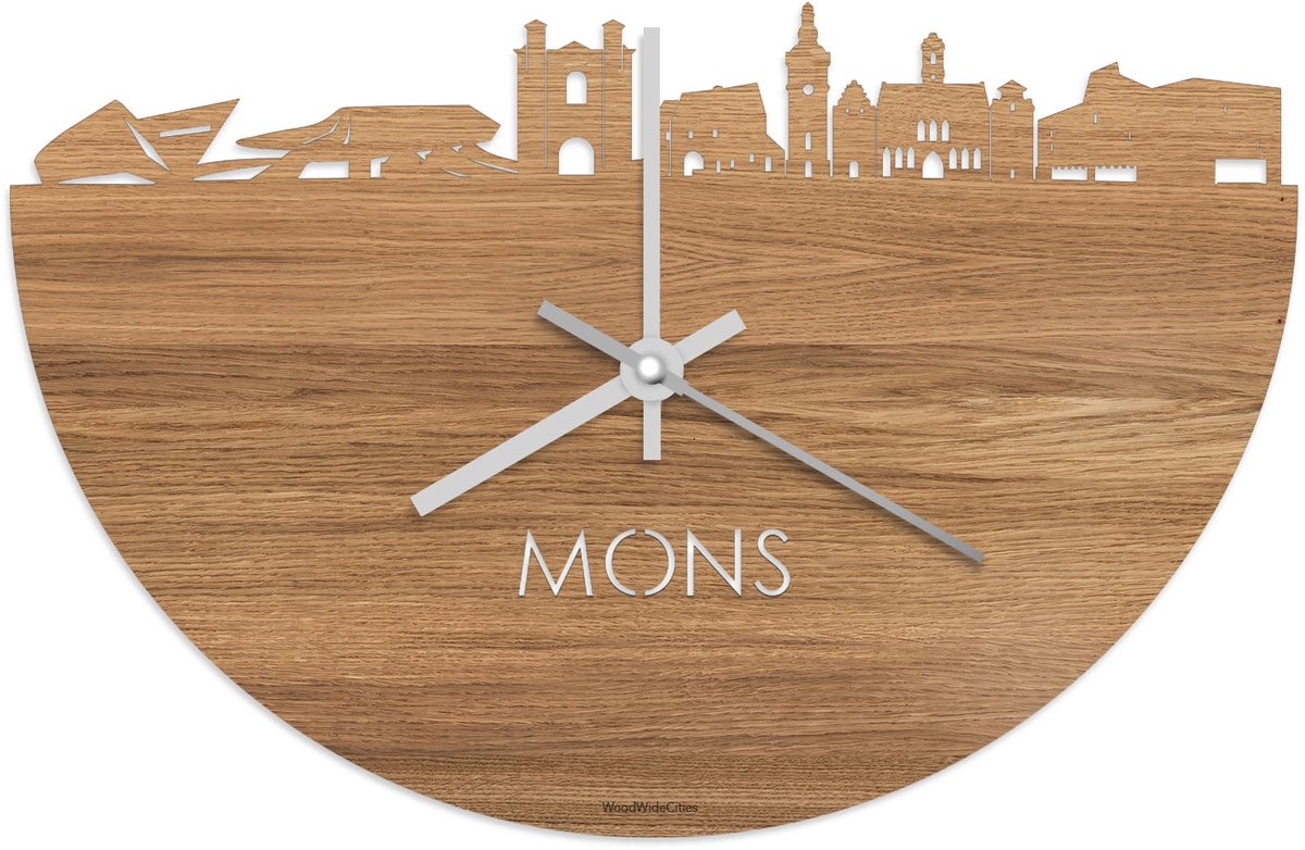 Skyline Klok Mons Eikenhout - Ø 40 cm - Stil uurwerk - Wanddecoratie - Meer steden beschikbaar - Woonkamer idee - Woondecoratie - City Art - Steden kunst - Cadeau voor hem - Cadeau voor haar - Jubileum - Trouwerij - Housewarming - WoodWideCities