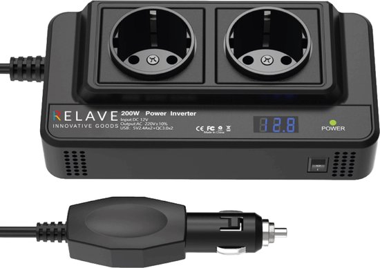Relave Onduleur de voiture 12 V - Convertisseur de tension - Onde sinusoïdale modifiée - 2 prises 230 V - 4 ports de charge USB 5 V - Répartiteur