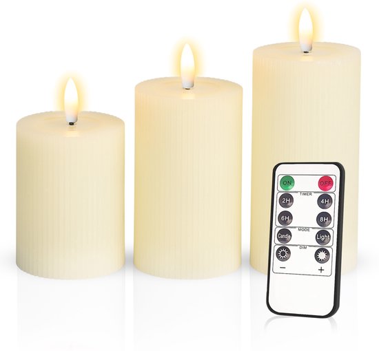 Meisterhome – 3 x Led Stompkaars Ribbel - Ivoor – Stompkaars Echte wax - Led kaarsen - 10 / 12.5 / 15 cm Hoog - Met afstandsbediening – Timer 2/4/6/8 uur - Dimbaar
