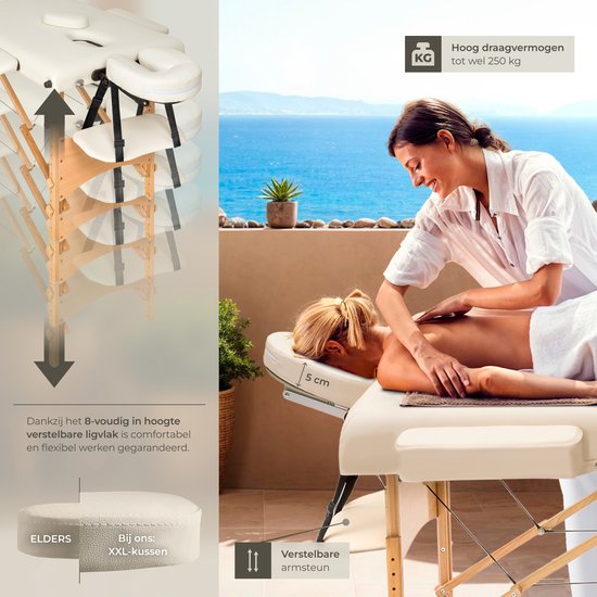 tectake® Massagetafel - 2 Zones, Opvouwbare en Draagbare Massagetafel met 5 cm Vulling, In Hoogte Verstelbaar, Mobiele Massagebank met Houten poten en Accessoires, Draagtas - Beige