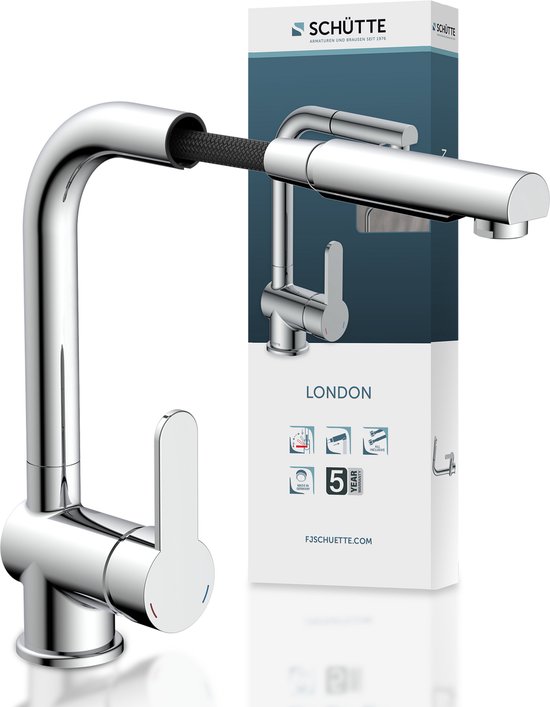 SCHÜTTE London Design Robinet de cuisine - Mélangeur - Bec pivotant - Mousseur extractible - Chrome