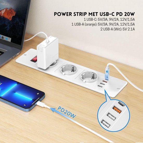 Prise de table encastrable StayPowered - Intelligente et peu encombrante - Prise 3 voies - USB C PD 20W - 3 Portes USB-A - Avec interrupteur - Installation facile - Wit - Livraison plus rapide qu'indiqué !