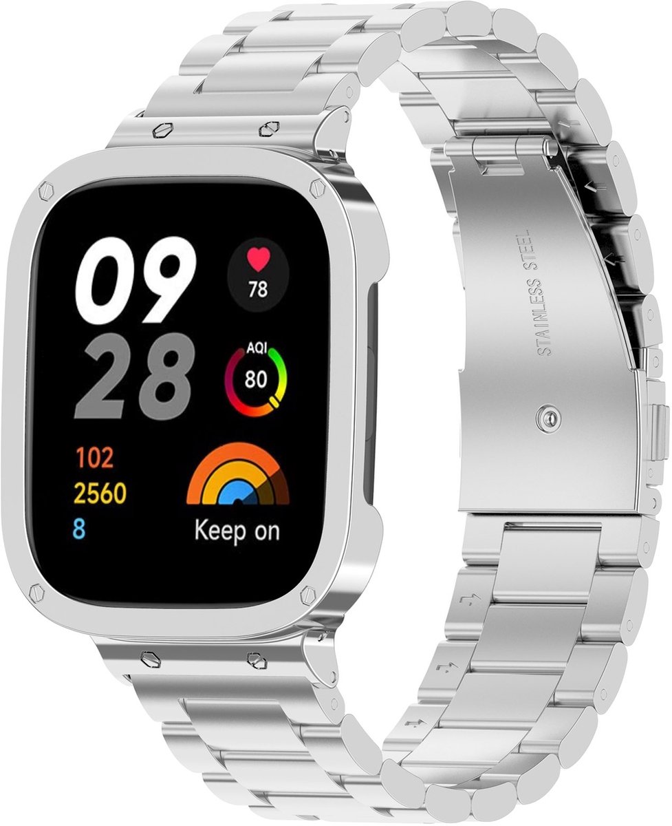 By Qubix - Stalen schakelband met case - Zilver - Geschikt voor Xiaomi Redmi Watch 3