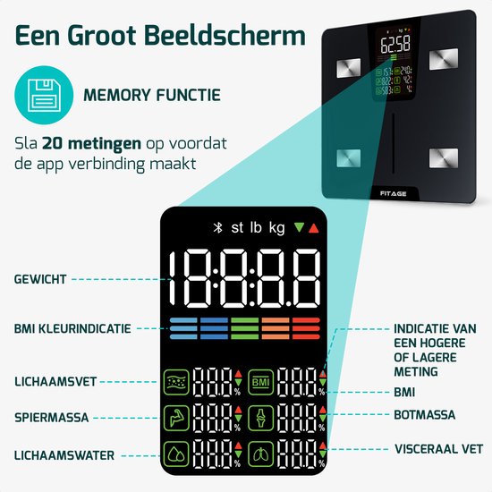 FITAGE LED Weegschaal Personenweegschaal Digitaal - Slimme Weegschaal met 17x Lichaamsanalyse - Weegschalen - FITAGE App